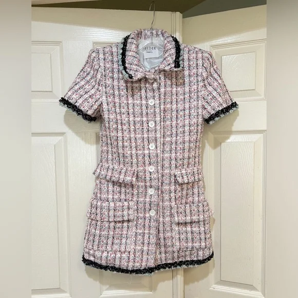 women Sz medium Enchanted Tweed mini Shirtdress quite luxury‎ old money pockets - Picture 2 of 16